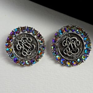 Elegant Silver and Multicolor Aurora  Rhinestones Clip On Earrings